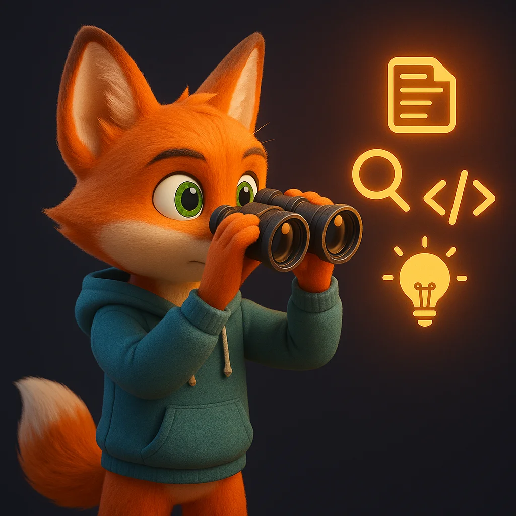 The FoxRadar fox mascot looking through glowing binoculars toward floating citation icons, focused and confident.