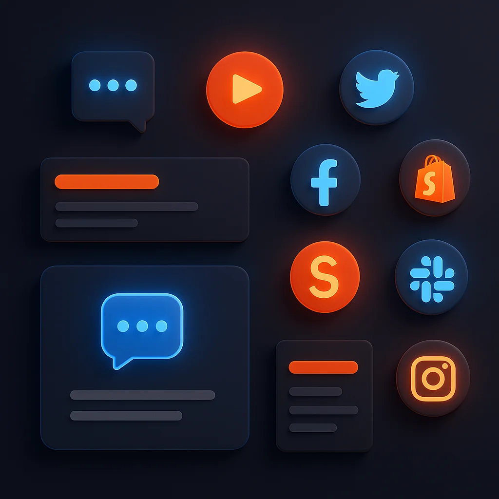 A clean concept illustration of glowing interface cards showing media mentions and awards on a dark background, no characters.