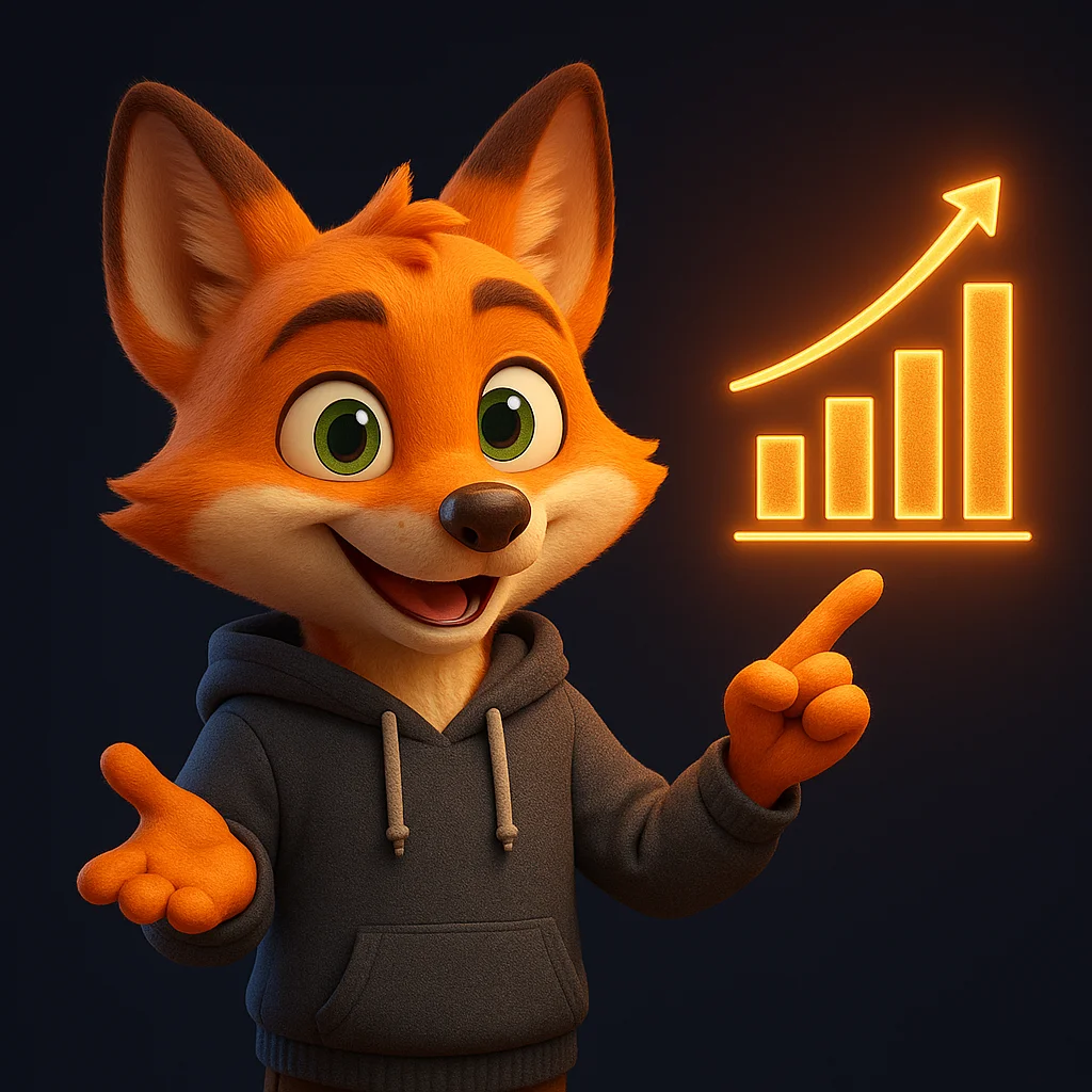 The FoxRadar fox mascot pointing at a rising glowing chart, smiling as results improve.