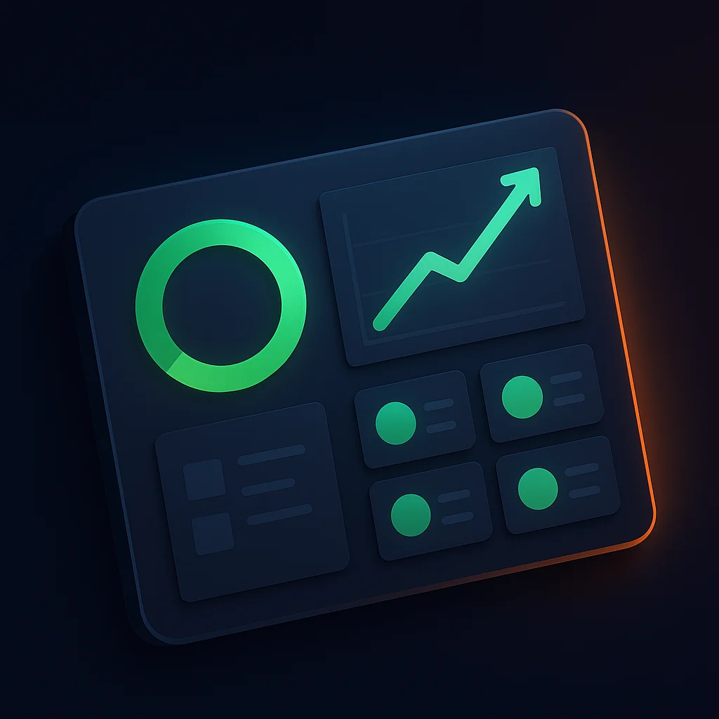 A clean concept illustration of a dashboard with green visibility scores and brand signals on a dark background, no characters.