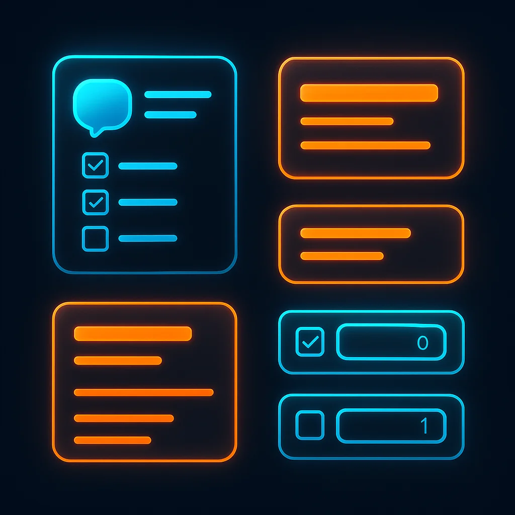 A clean concept illustration of glowing interface cards that show checkboxes and specification fields on a dark background.
