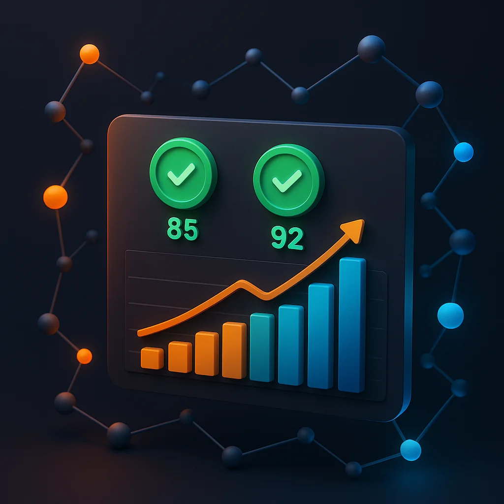 A clean concept illustration of a dashboard with bright visibility scores and a before/after bar chart on a dark background.