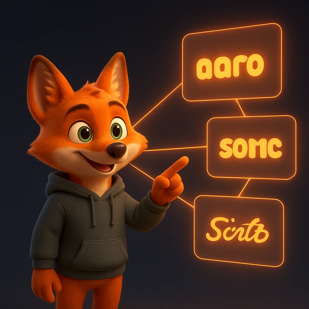 The FoxRadar fox mascot standing and pointing at floating name variations and data around them.