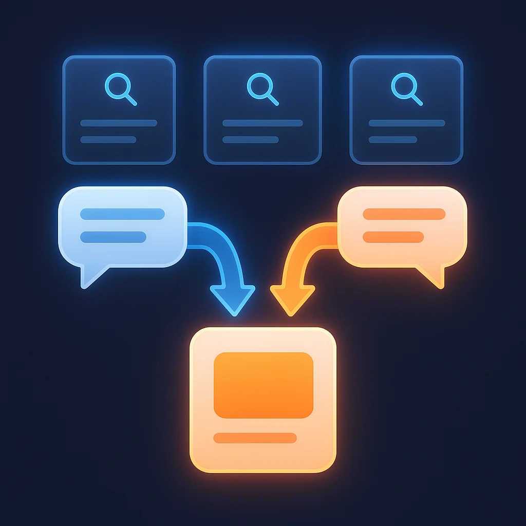 A clean concept illustration of glowing search result cards linking different name variations to one brand.