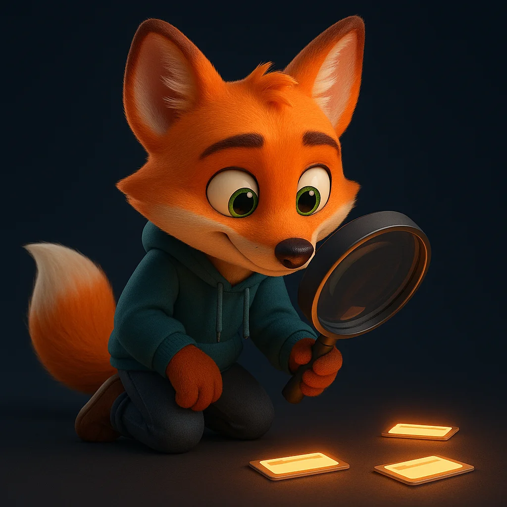 The FoxRadar fox mascot holding a magnifying glass, inspecting alternate brand names closely.