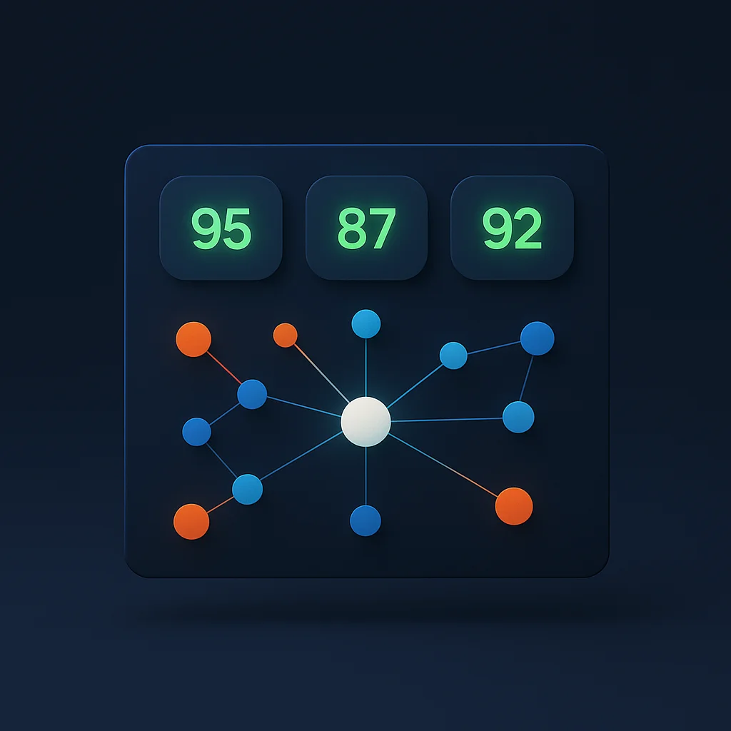A clean concept illustration of a dashboard with connected brand name nodes and visibility scores.