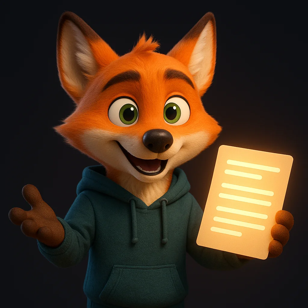 The FoxRadar fox mascot holding a glowing document and pointing at it with a confident smile.