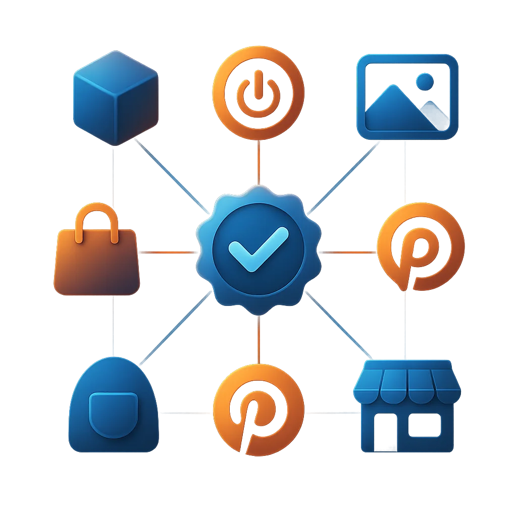 A concept illustration of floating verified profile icons connected by glowing lines on a dark background.