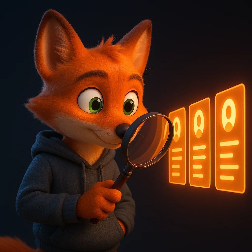 The FoxRadar fox mascot holding a magnifying glass and closely inspecting a set of glowing profile cards.