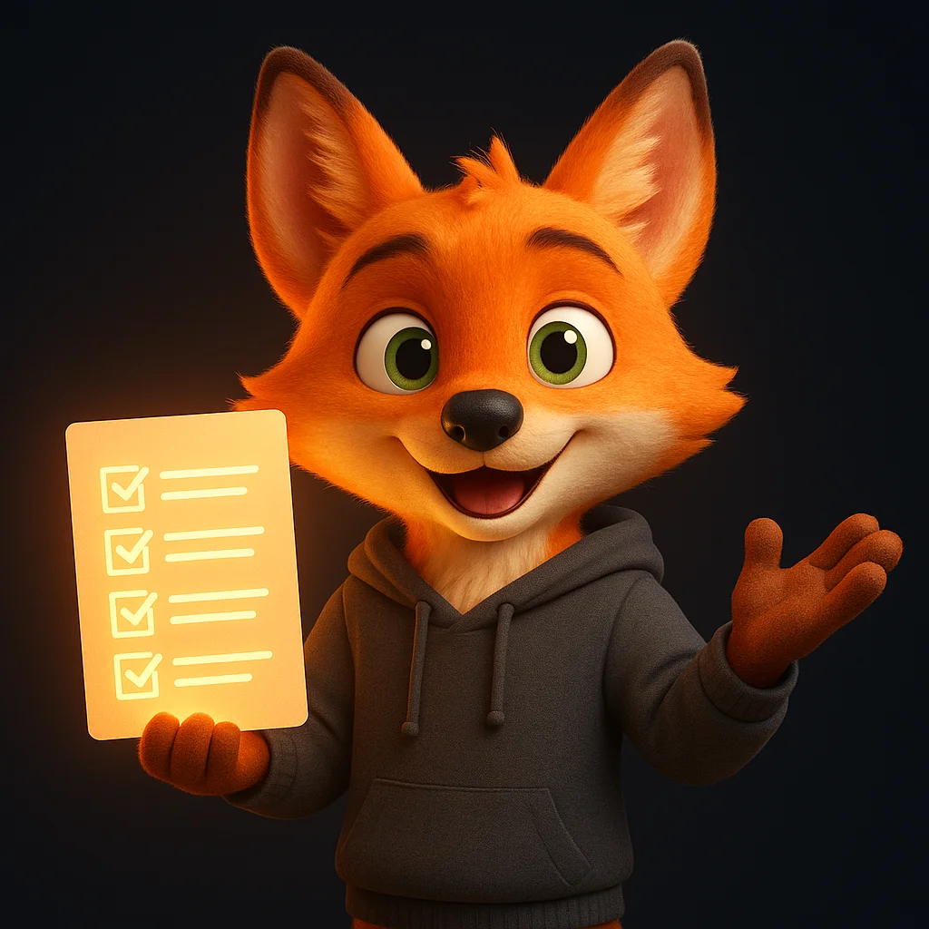 The FoxRadar fox mascot holding a glowing checklist document and gesturing while explaining the steps.
