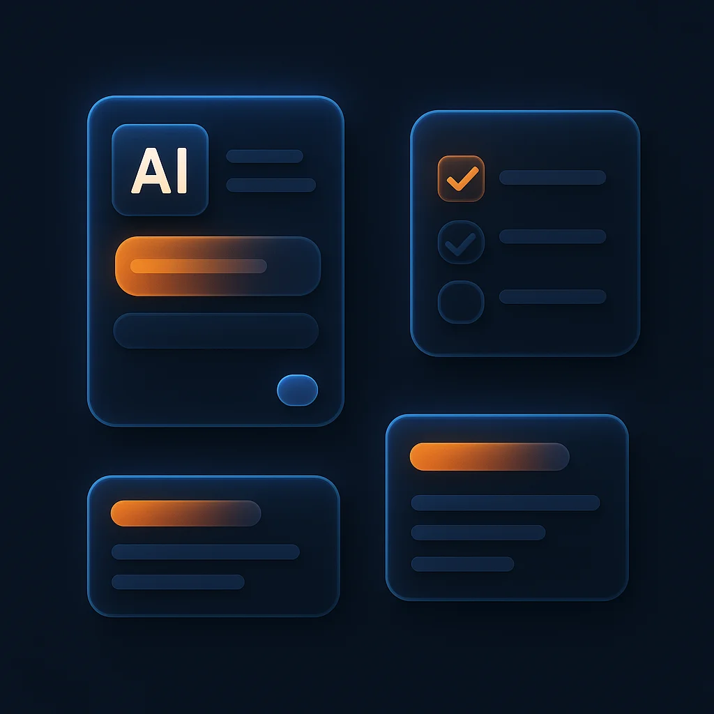 A clean concept illustration of glowing checklist cards and icons on a dark background, no fox present.