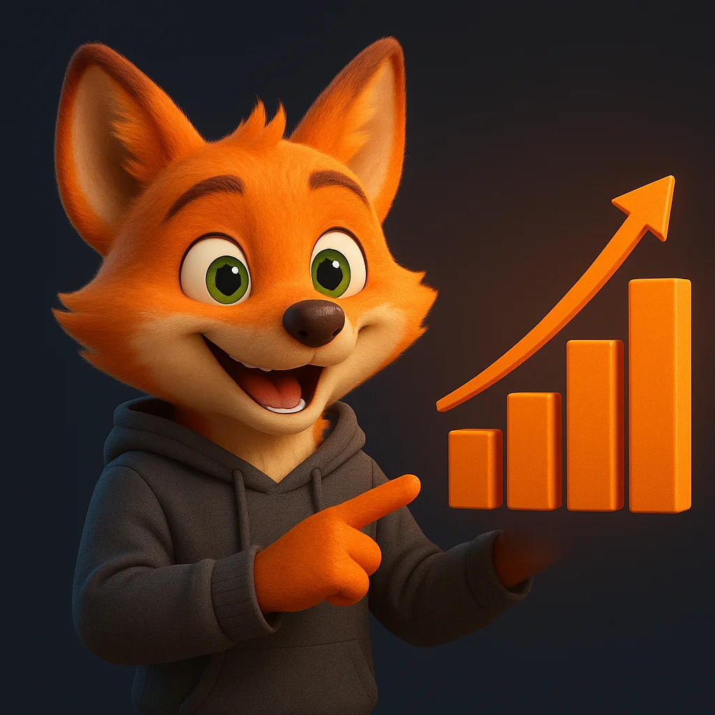 The FoxRadar fox mascot pointing at a rising chart, showing improved results after publishing the prep page.