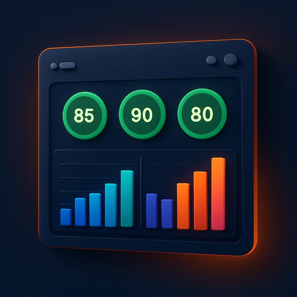 A clean concept illustration of a dashboard with visibility scores and before/after charts, no fox present.
