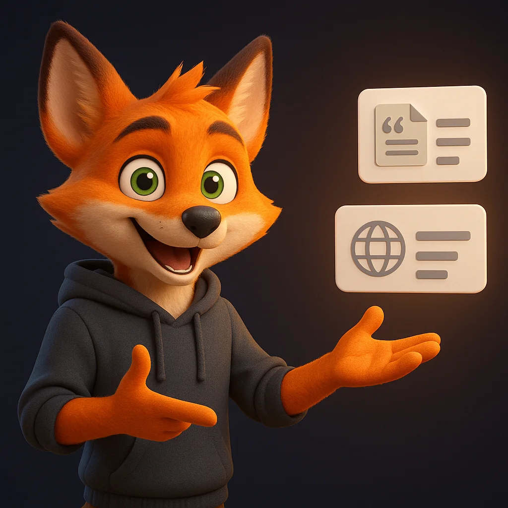 The FoxRadar fox mascot stands and points at floating citation cards, guiding the reader to list press mentions.