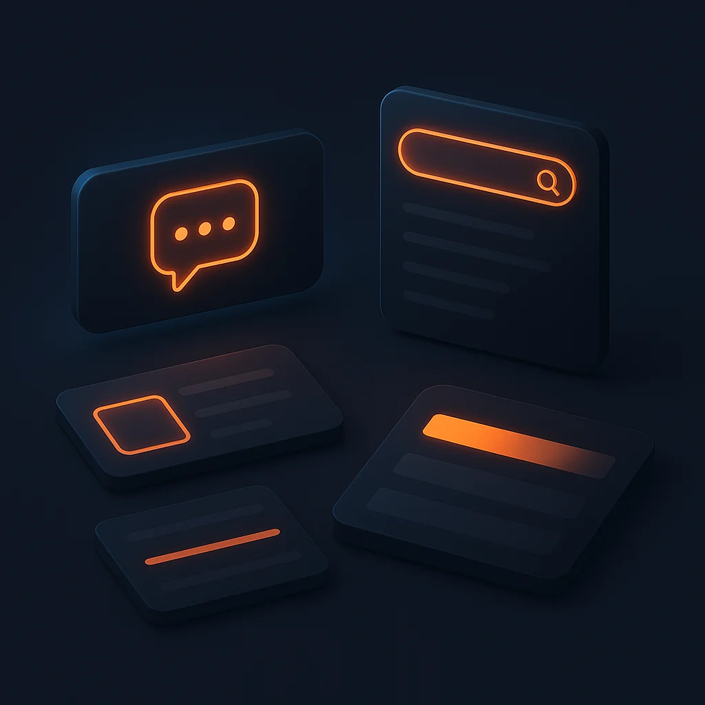 A clean concept illustration of glowing search result cards and brand mention tiles on a dark background.
