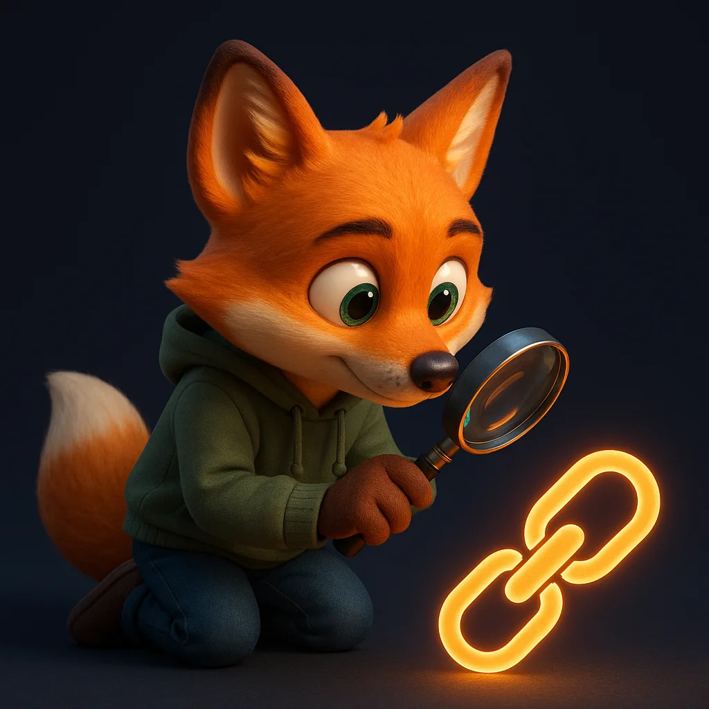The FoxRadar fox mascot kneels and inspects a glowing link with a magnifying glass, showing careful review of mentions.