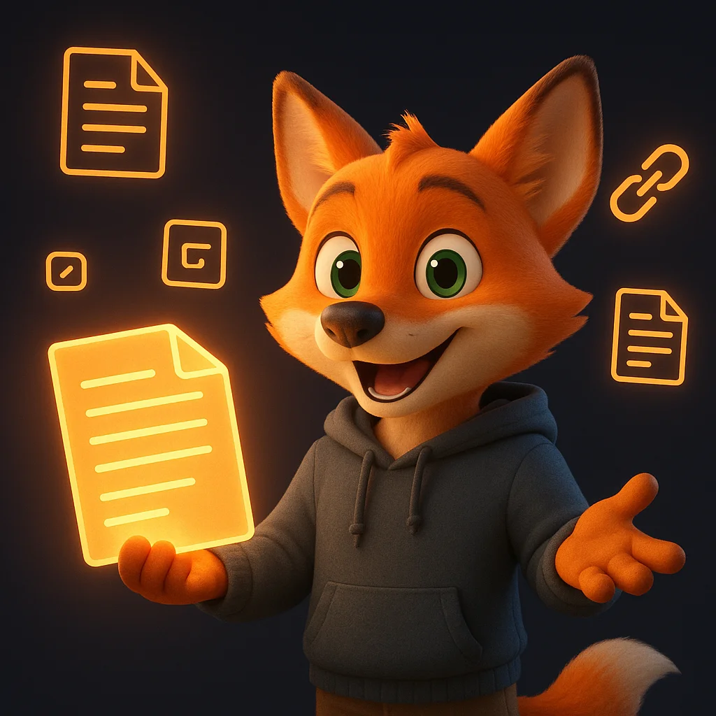 The FoxRadar fox mascot holds a glowing document and points at floating press links and badges.