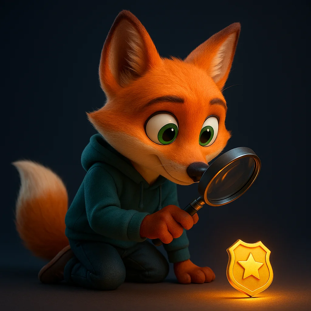 The FoxRadar fox mascot kneels and inspects a shining award badge with a magnifying glass.
