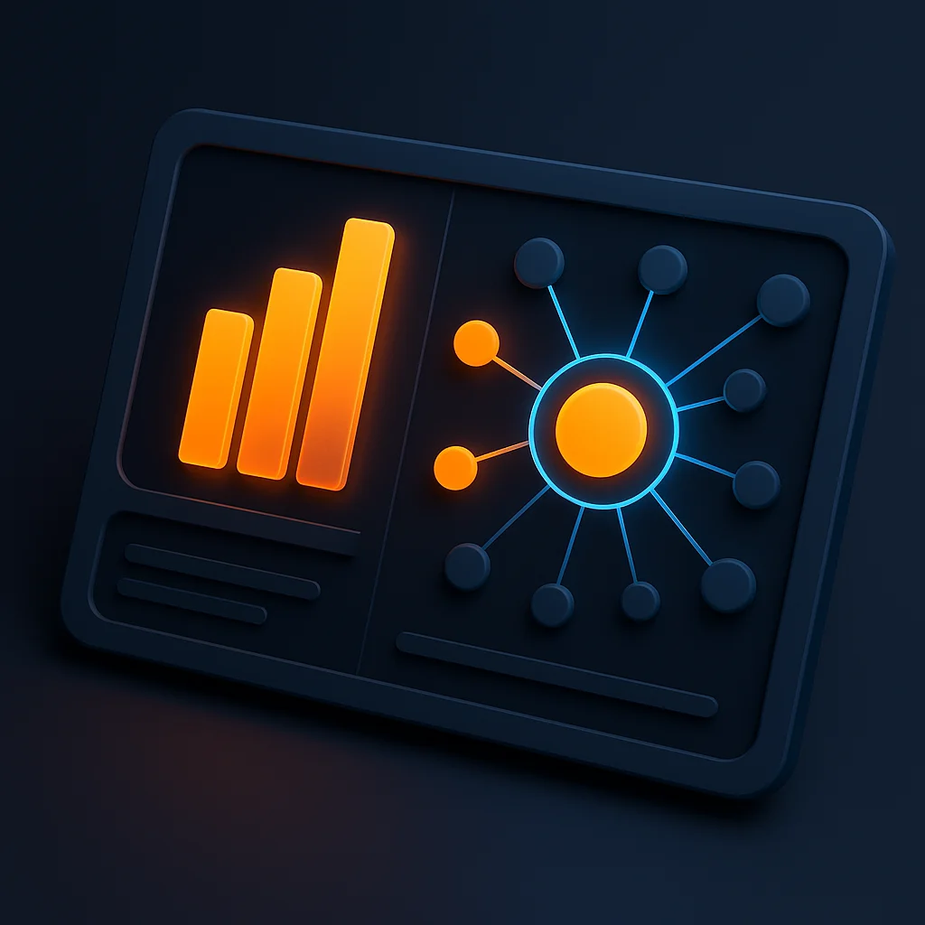 Abstract 3D dashboard with bright visibility bars and connected citation nodes, no characters.
