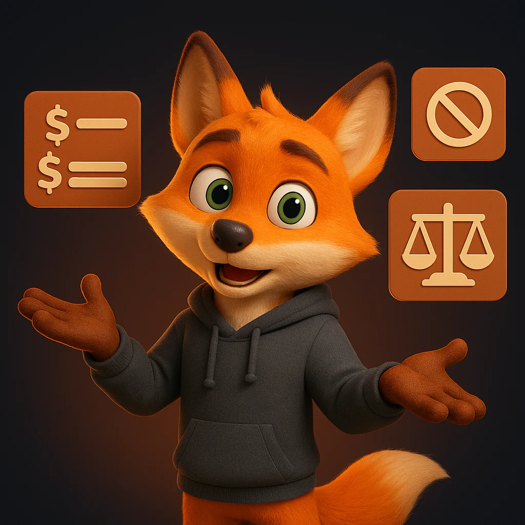 The FoxRadar fox mascot pointing at floating data panels that show simple price ranges and rules.