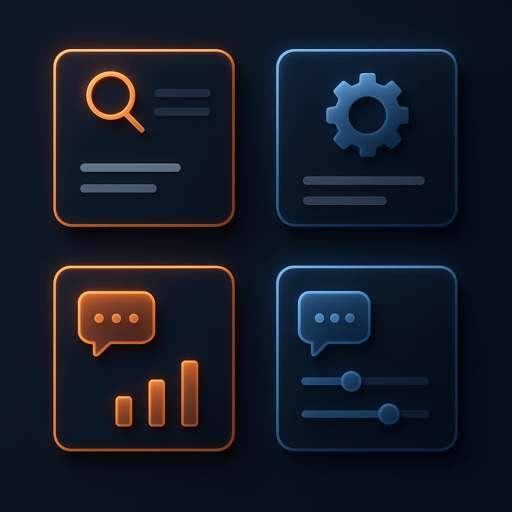 A clean concept illustration of glowing AI chat cards and search result tiles highlighting pricing details, without the fox.