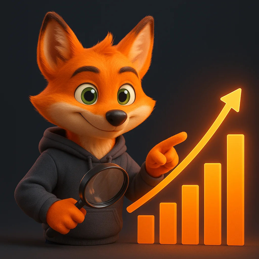 The FoxRadar fox mascot holding a large magnifying glass over a rising price chart, smiling with confidence.