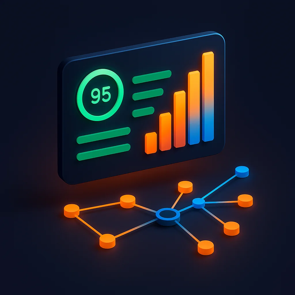 A clean concept illustration of a dashboard with bright visibility scores and before/after charts, without the fox.