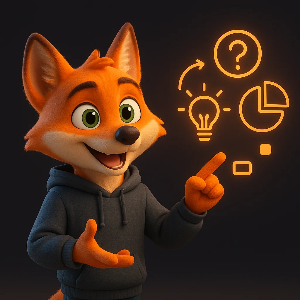 The FoxRadar fox mascot stands and points at floating problem-to-solution icons, explaining the plan.