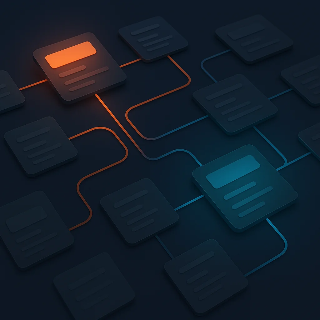 A clean concept illustration of glowing search result cards and brand icons connected by lines, no fox shown.