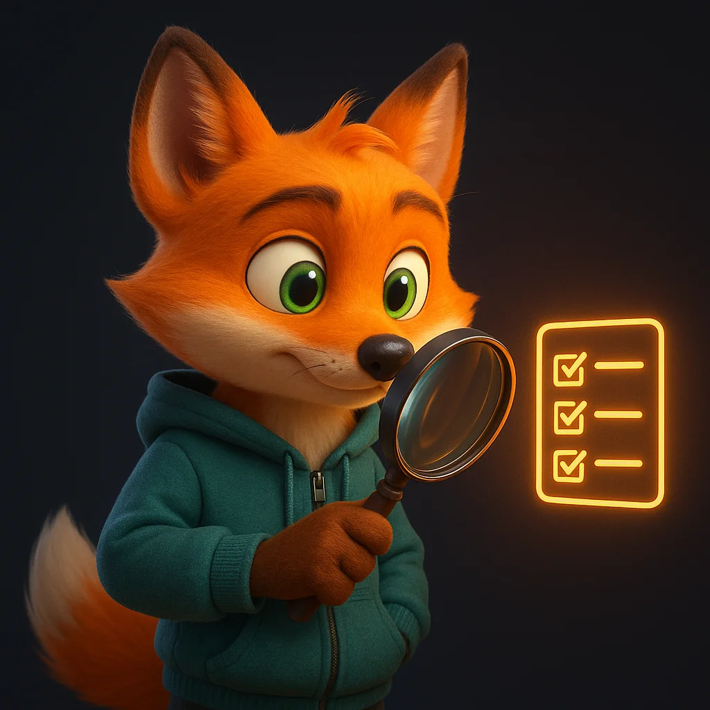 The FoxRadar fox mascot holds a magnifying glass and examines a short checklist, focused and confident.