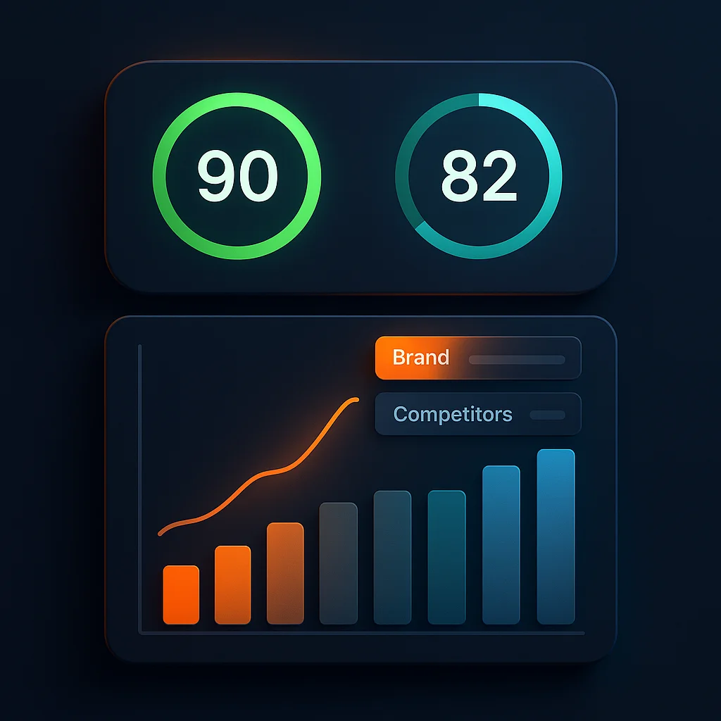 A clean concept illustration of a dashboard with rising visibility bars and a highlighted brand result, no fox shown.