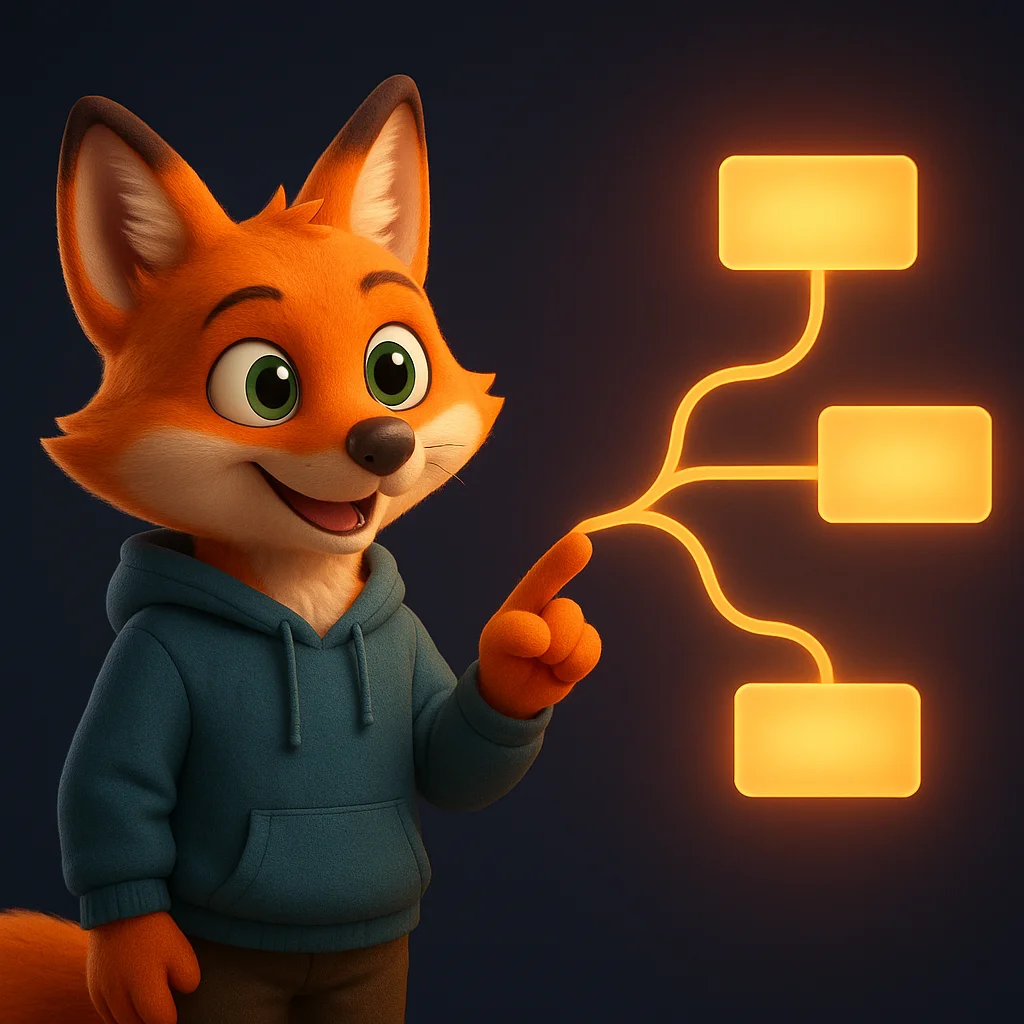 The FoxRadar fox mascot stands and points at branching choice paths that lead to option cards.