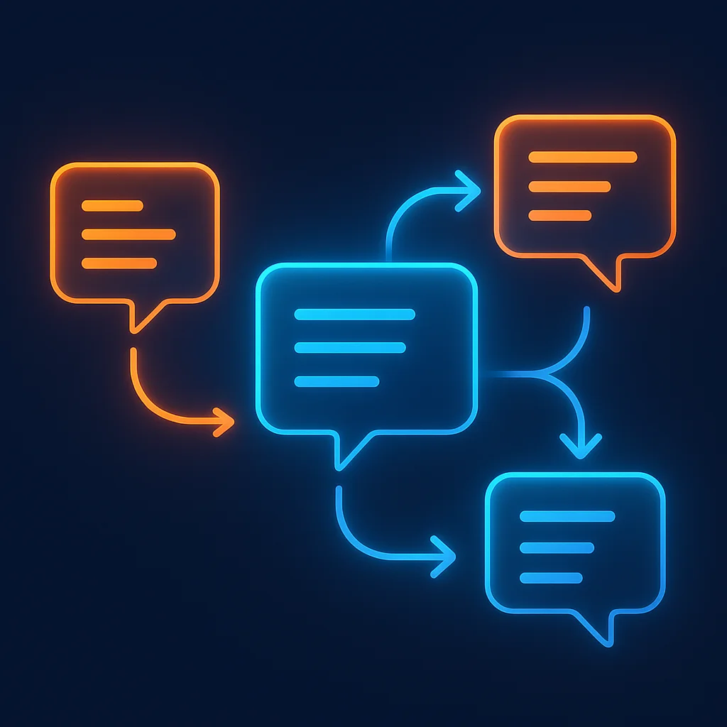 A clean 3D concept illustration of glowing AI chat interface cards with branching arrows on a dark background.