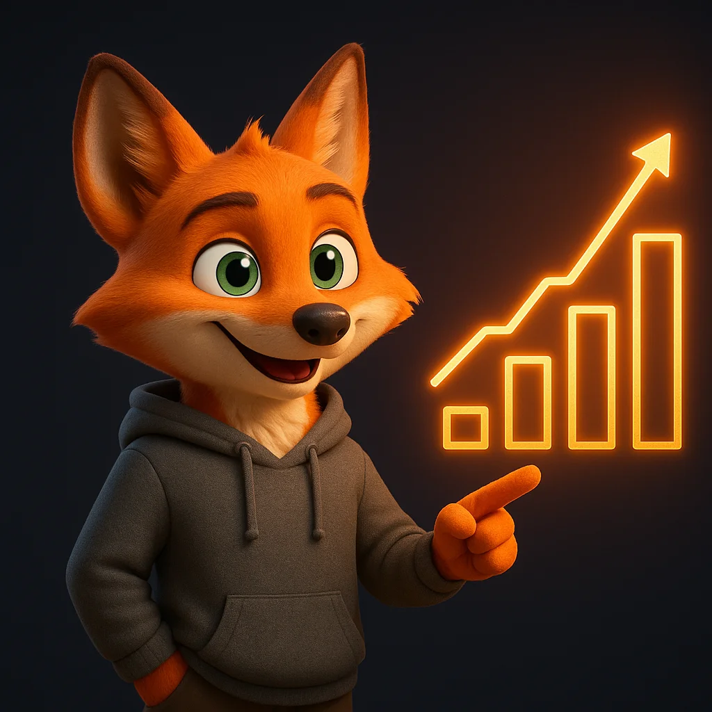 The FoxRadar fox mascot points at a rising chart, showing clear improvement.