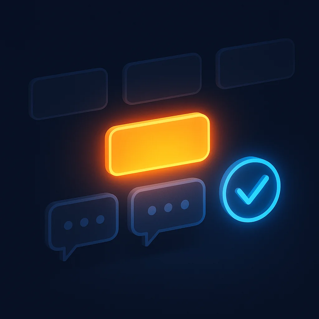 A clean 3D concept illustration of one brand name glowing brighter than faded competitors above AI chat bubbles.