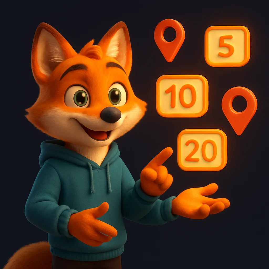 The FoxRadar fox mascot standing and pointing at floating map pins and date tags, explaining a simple project map.
