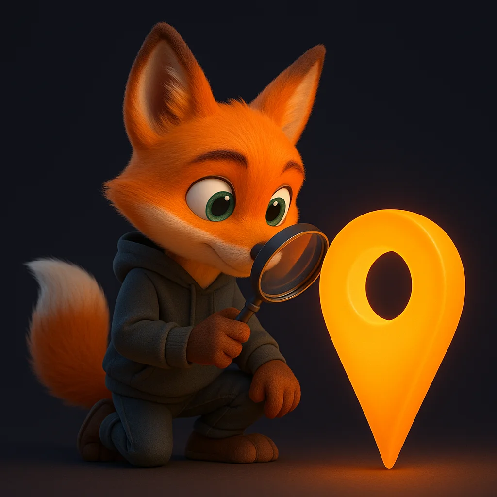 The FoxRadar fox mascot kneeling and inspecting a large glowing map pin with a magnifying glass.