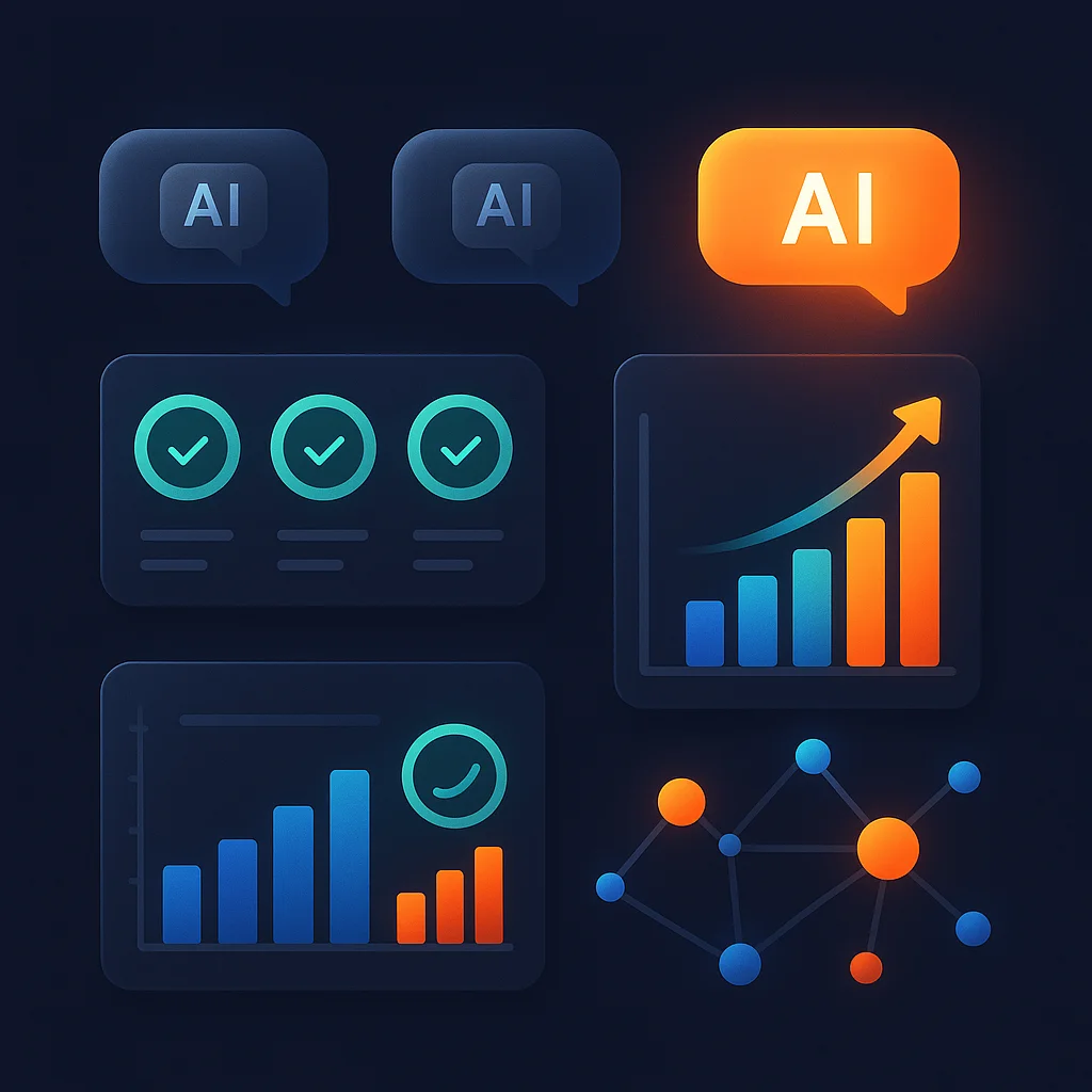 A clean concept illustration of a dashboard with green visibility scores and a rising chart line, no characters visible.