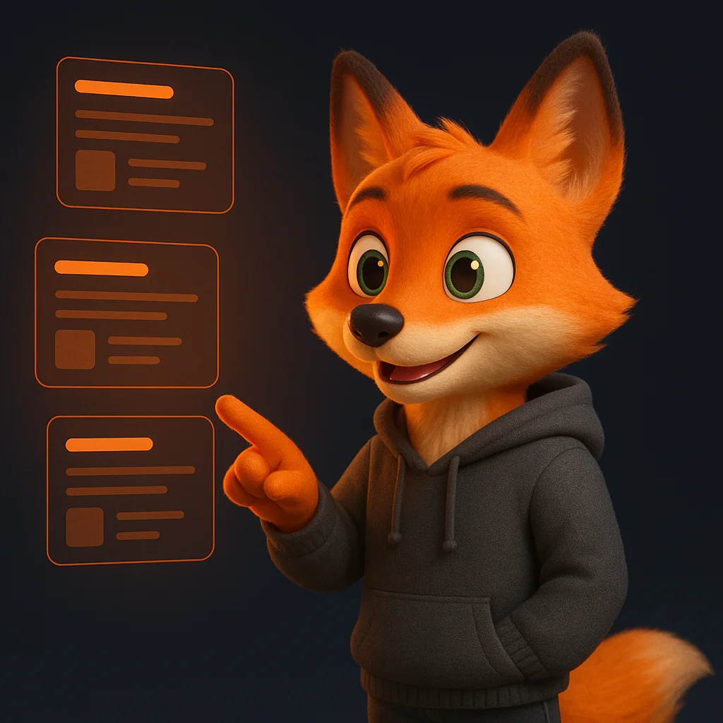 The FoxRadar fox mascot stands and points at floating data cards, guiding the reader through a simple project portfolio.