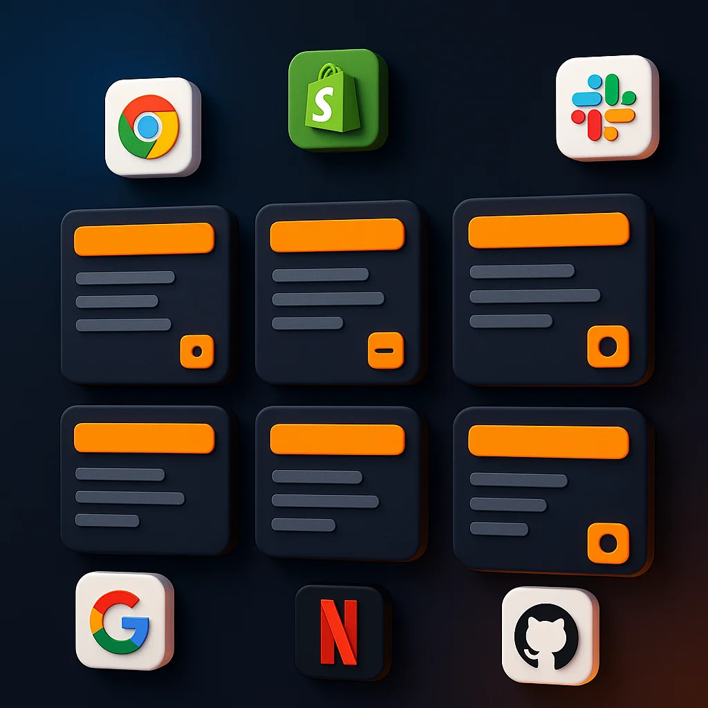 A clean concept illustration showing glowing search result cards and brand icons on a dark background.