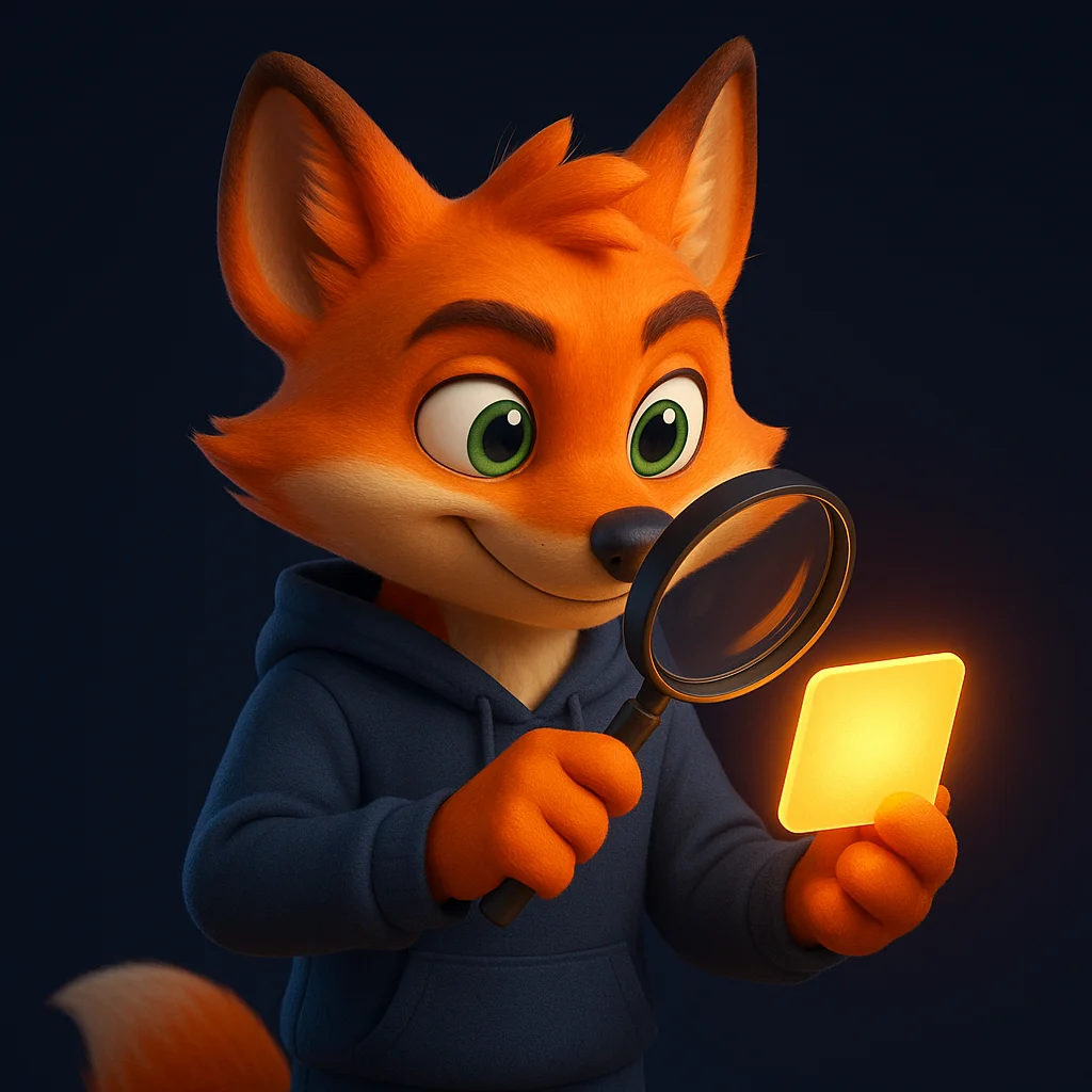 The FoxRadar fox mascot holds a magnifying glass, inspecting a project card closely with a confident smile.