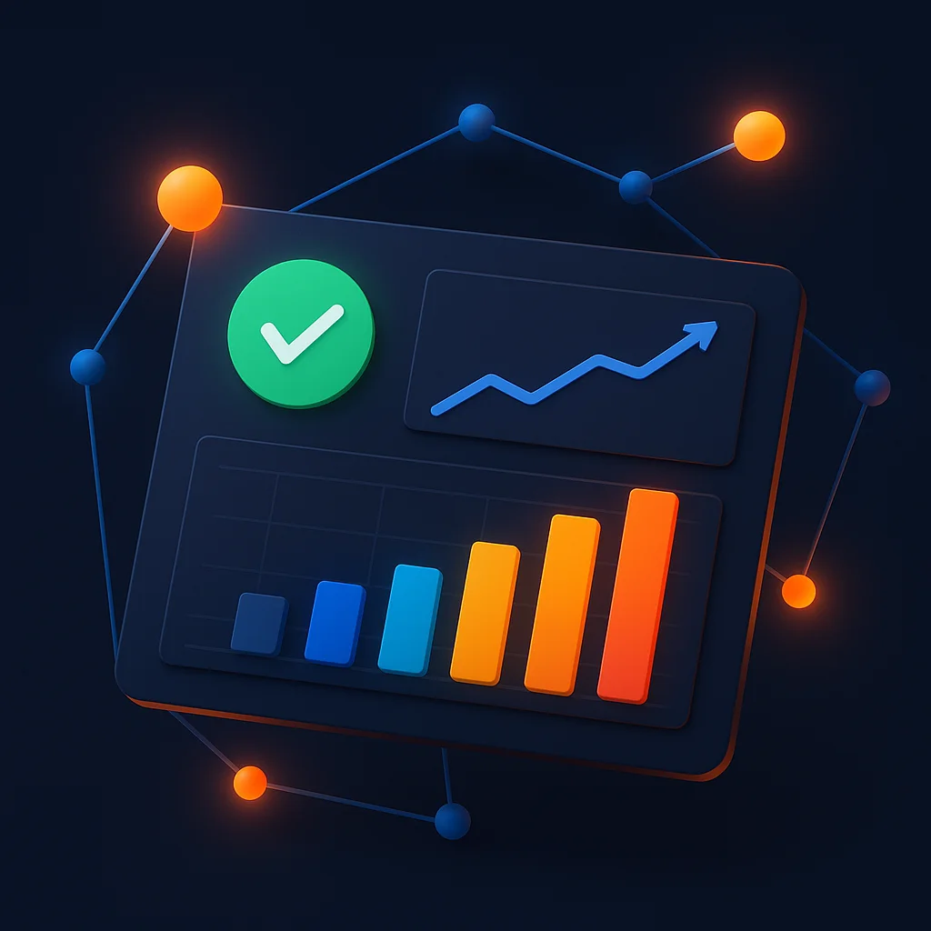 A clean concept illustration showing a dashboard with rising visibility bars and interconnected project nodes.