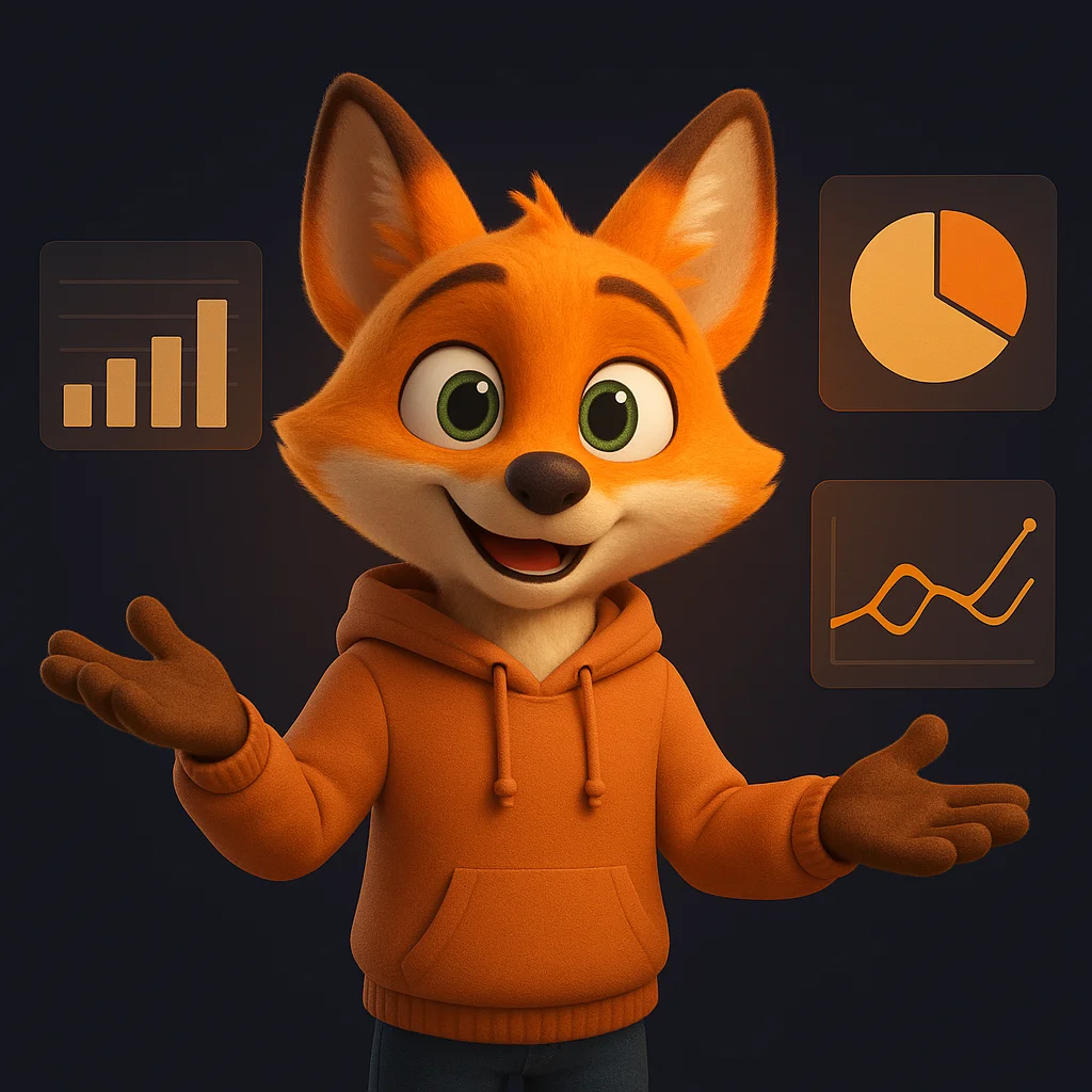 The FoxRadar fox mascot stands and gestures while explaining, pointing at floating simple data panels.