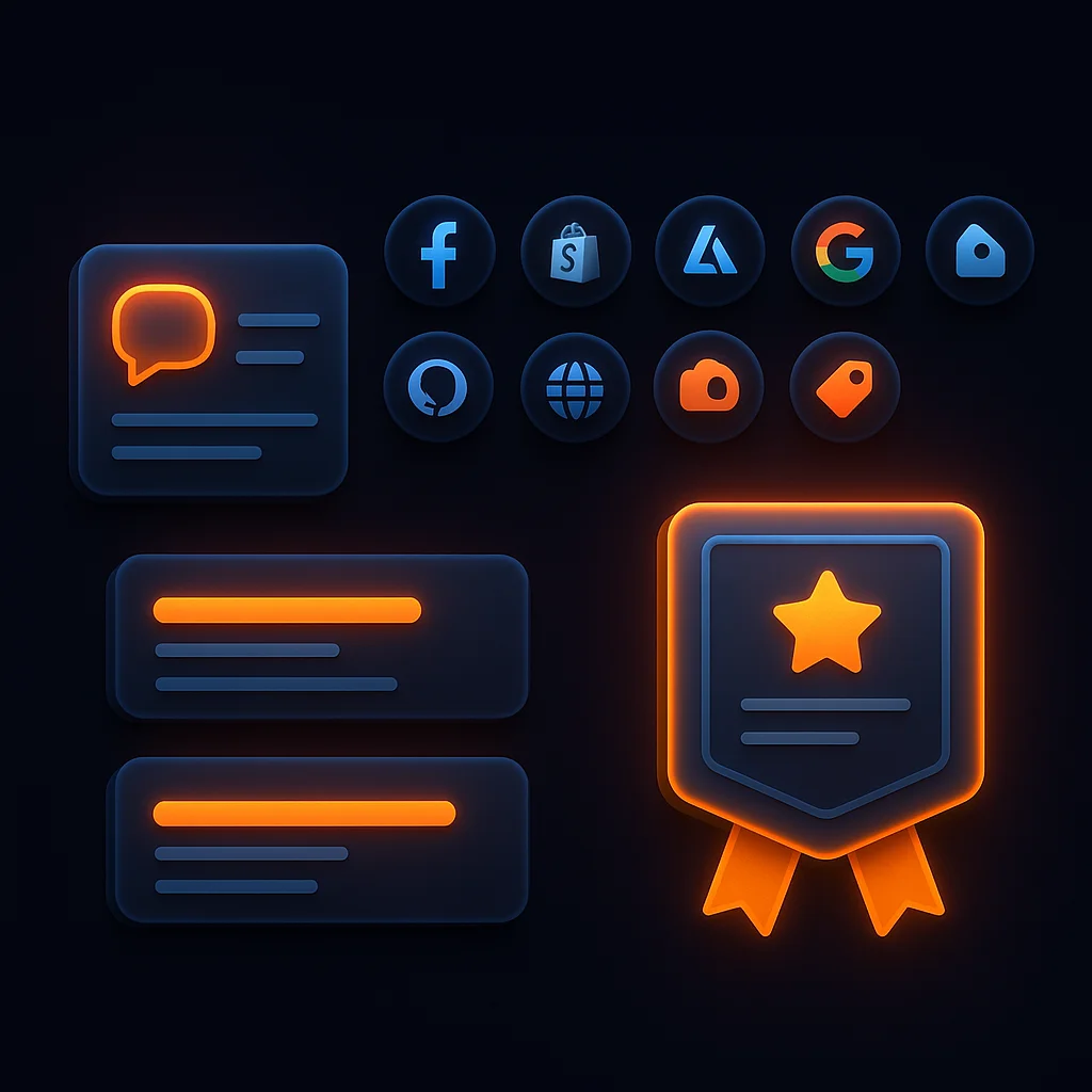A clean concept illustration showing glowing AI chat cards and search result tiles on a dark background.