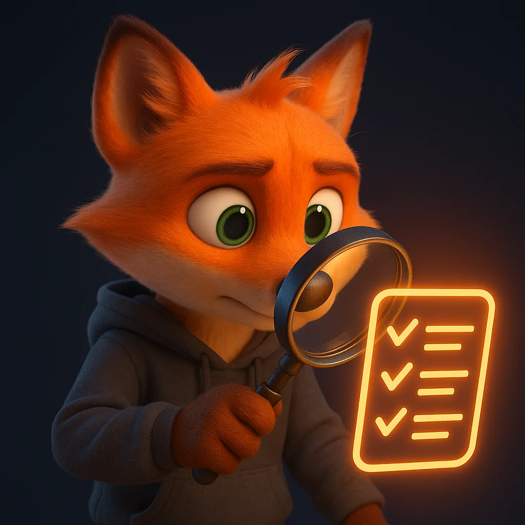 The FoxRadar fox mascot holds a magnifying glass up to a glowing checklist, inspecting details closely.