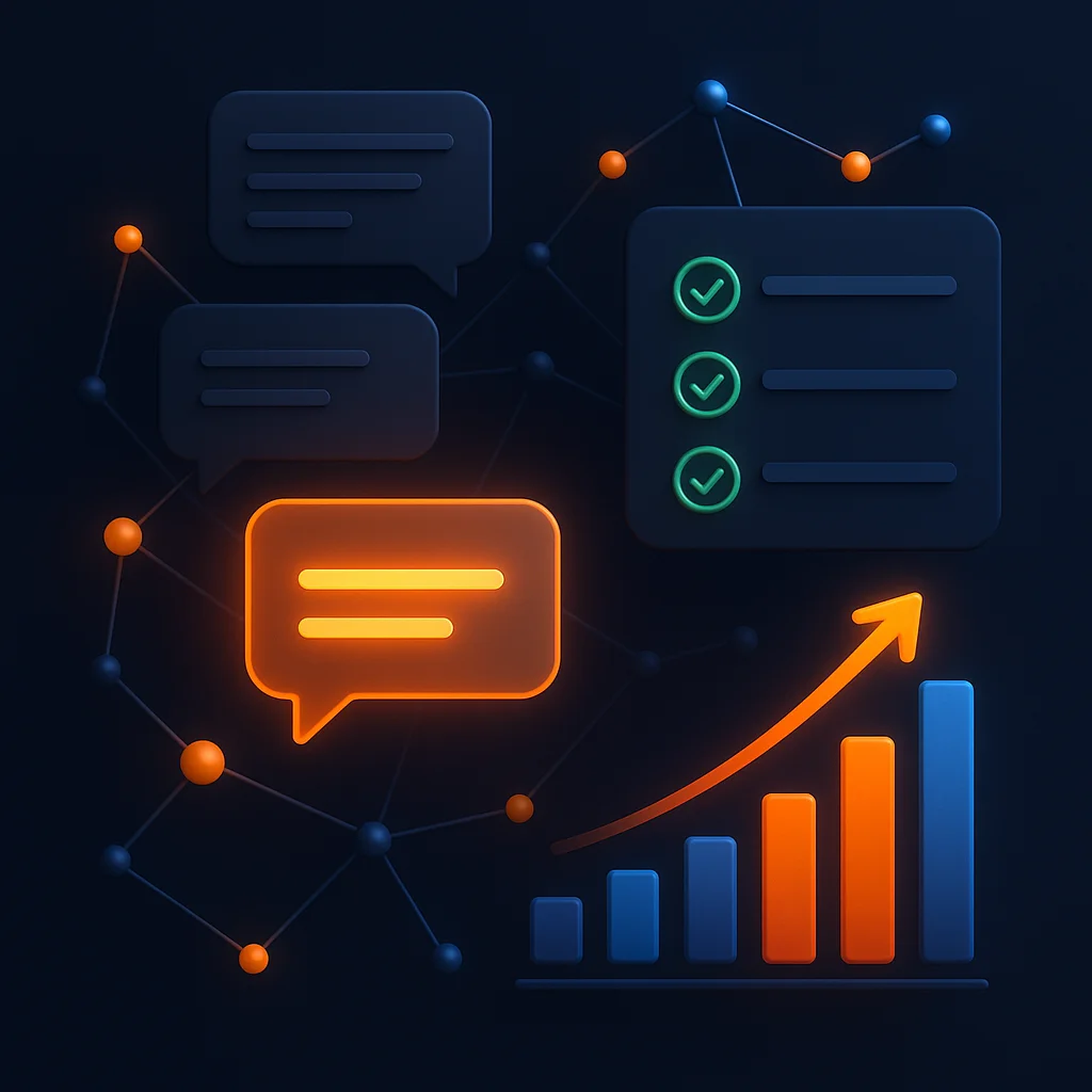 A clean concept illustration of a dashboard with bright visibility scores and a rising chart on a dark background.