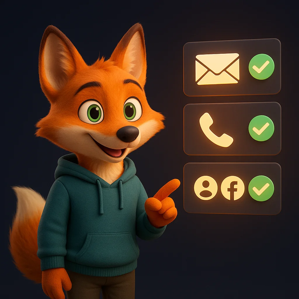 The FoxRadar fox mascot stands and points at floating contact details, guiding the reader to verify official emails and phone numbers.