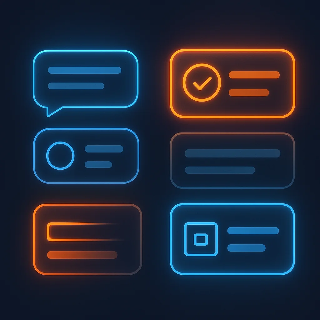 A clean concept illustration of glowing interface cards that show verified contact methods on a dark background, without the fox.