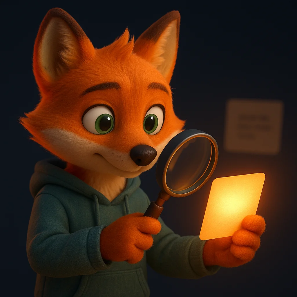 The FoxRadar fox mascot holds a magnifying glass and smiles, showing a real message example in focus and a fake one blurred.