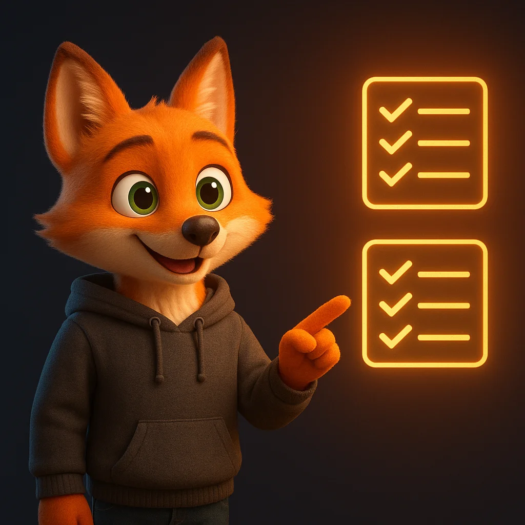 The FoxRadar fox mascot stands and points at floating checklists showing repair and replace rules.